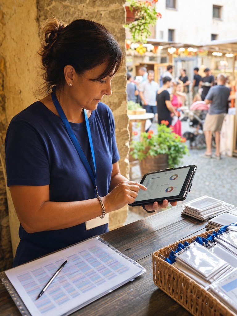 Organizzatore tranquillo controlla i dati evento aggiornati