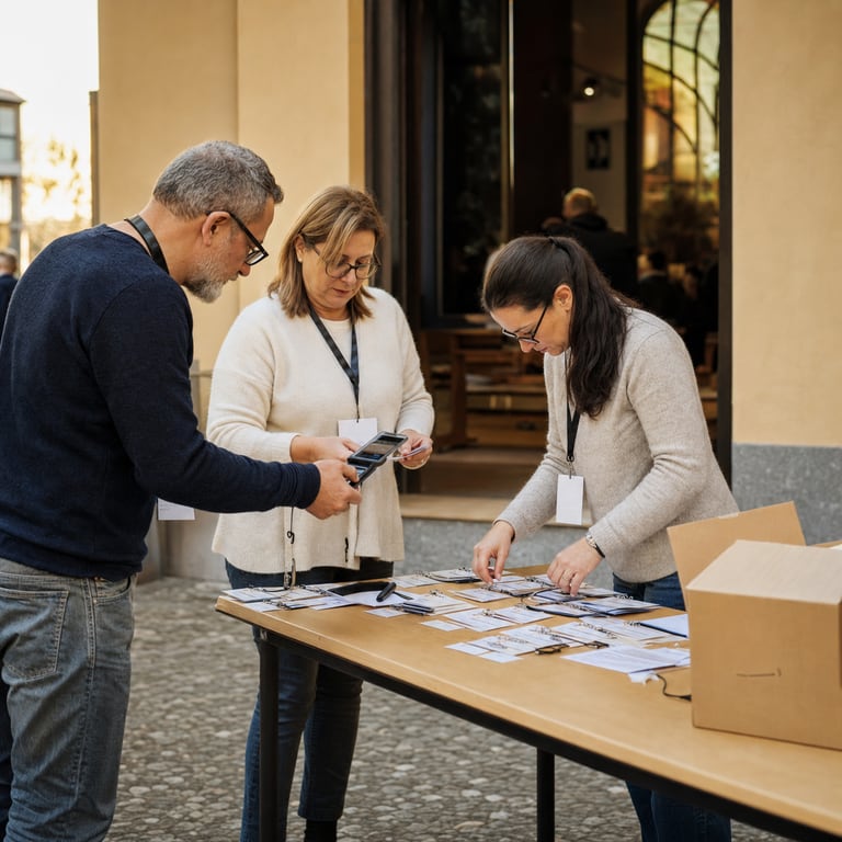 Collaboratori di un'associazione preparano l'ingresso evento