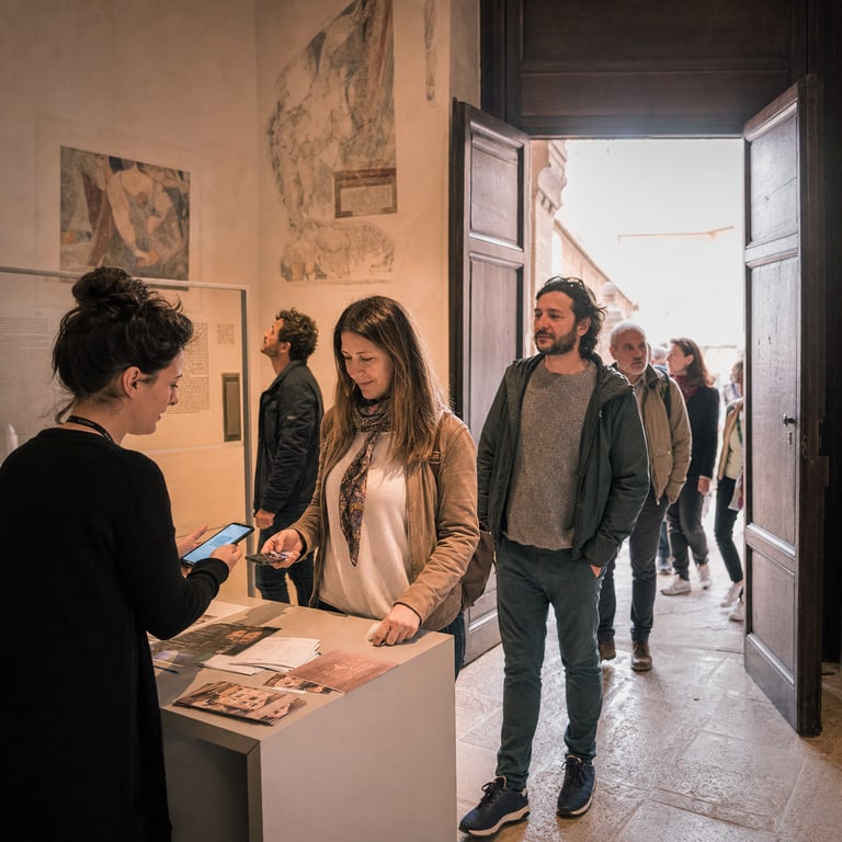 Ingresso a un museo o spazio culturale con registrazioni e QR